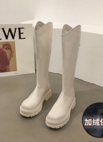 White knee-length knight boots female 米白色绒里 