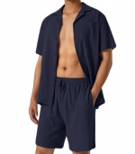 Cotton linen loose shirt suit Navy blue 