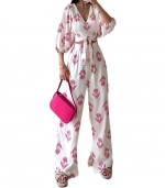 Puffy sleeve top and pant suit Pink 