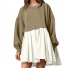Loose pleated casual dress Khaki white