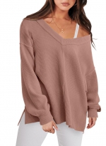 V-neck knit split sweater Rose gold 