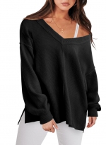 V-neck knit split sweater Black 