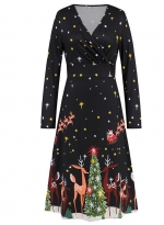 V-neck Christmas print dress Black-4 