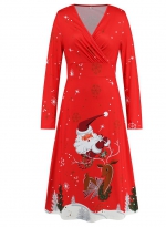 V-neck Christmas print dress Red-1 