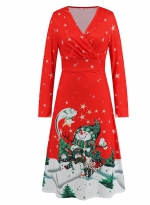 V-neck Christmas print dress Red-2 