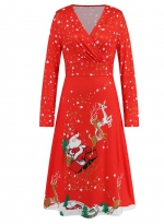 V-neck Christmas print dress Red-3 