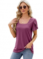 Simple square neck T-shirt Purple red 
