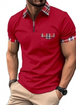 Checked POLO shirt zipper Wine red 